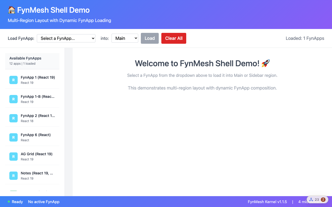 The shell demo with a sidebar of FynApps and a main region